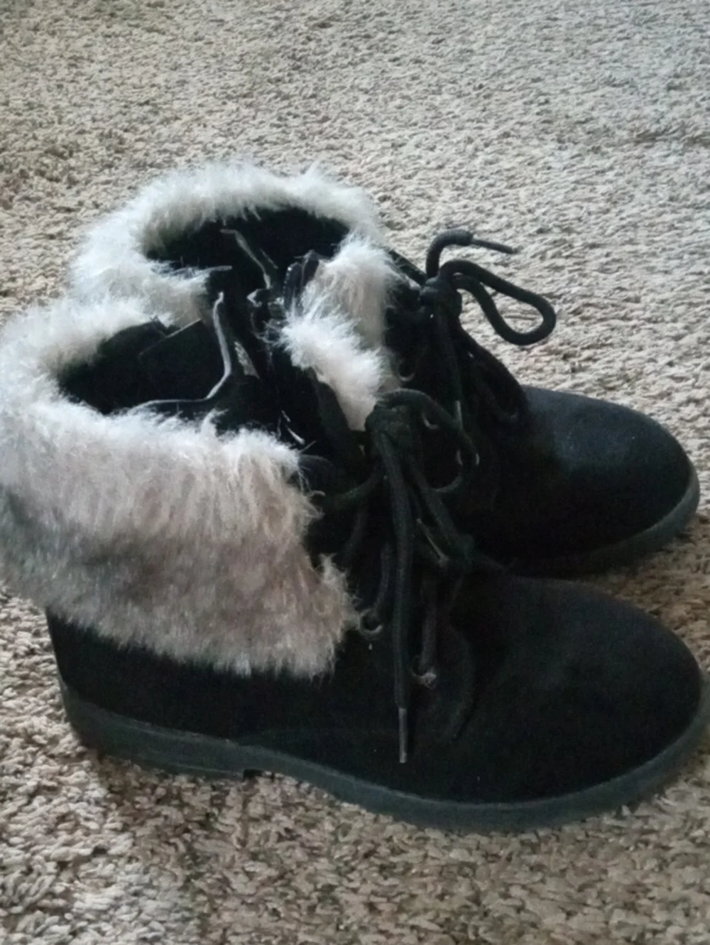 Girl's Black Faux-Fur Trim Winter Ankle Boots